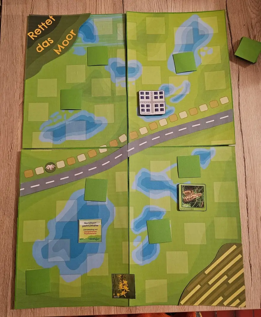 Spielbrett des neu entwickelten Spiels "Rettet das Moor" (Grafik: Hanna Damrau und Isabell Feldmann) Ausgebreitetes Spielbrett des Spiels "Rettet das Moor" auf einem Tisch